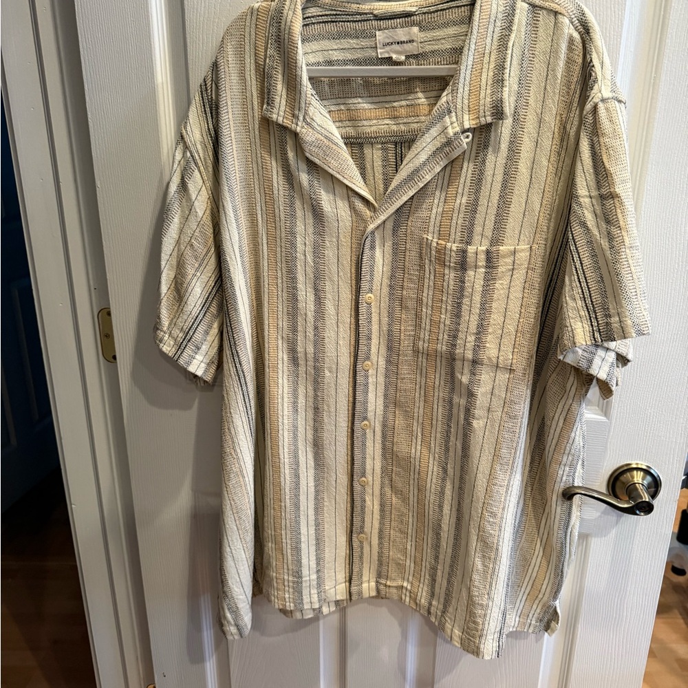 Lucky Brand Beige and Blue Striped Button Down Shirt